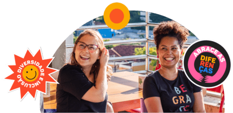 Pessoas confraternizando no trabalho, com ícones ao redor de diversidade e inclusão.